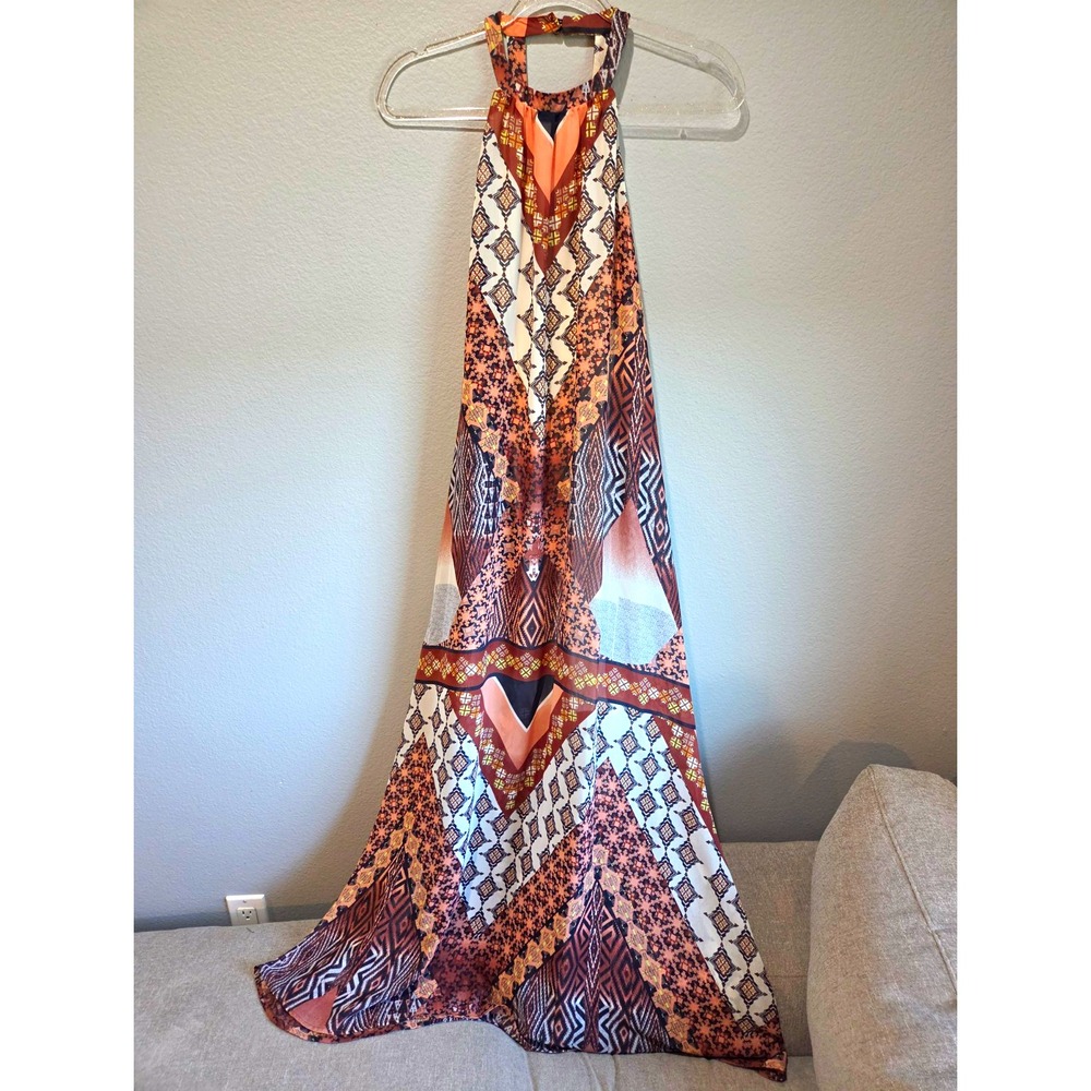 bar III S Multicolor Geometric Halter Jersey Lined Sleeveless Maxi Dress